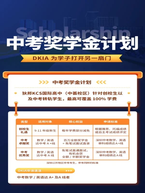 狄邦KCS国际高中（中荟校区）|  DKIA中考奖学金计划