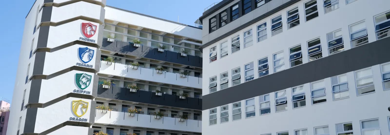 沙田学院教学楼外观,外墙挂着各 House 徽章