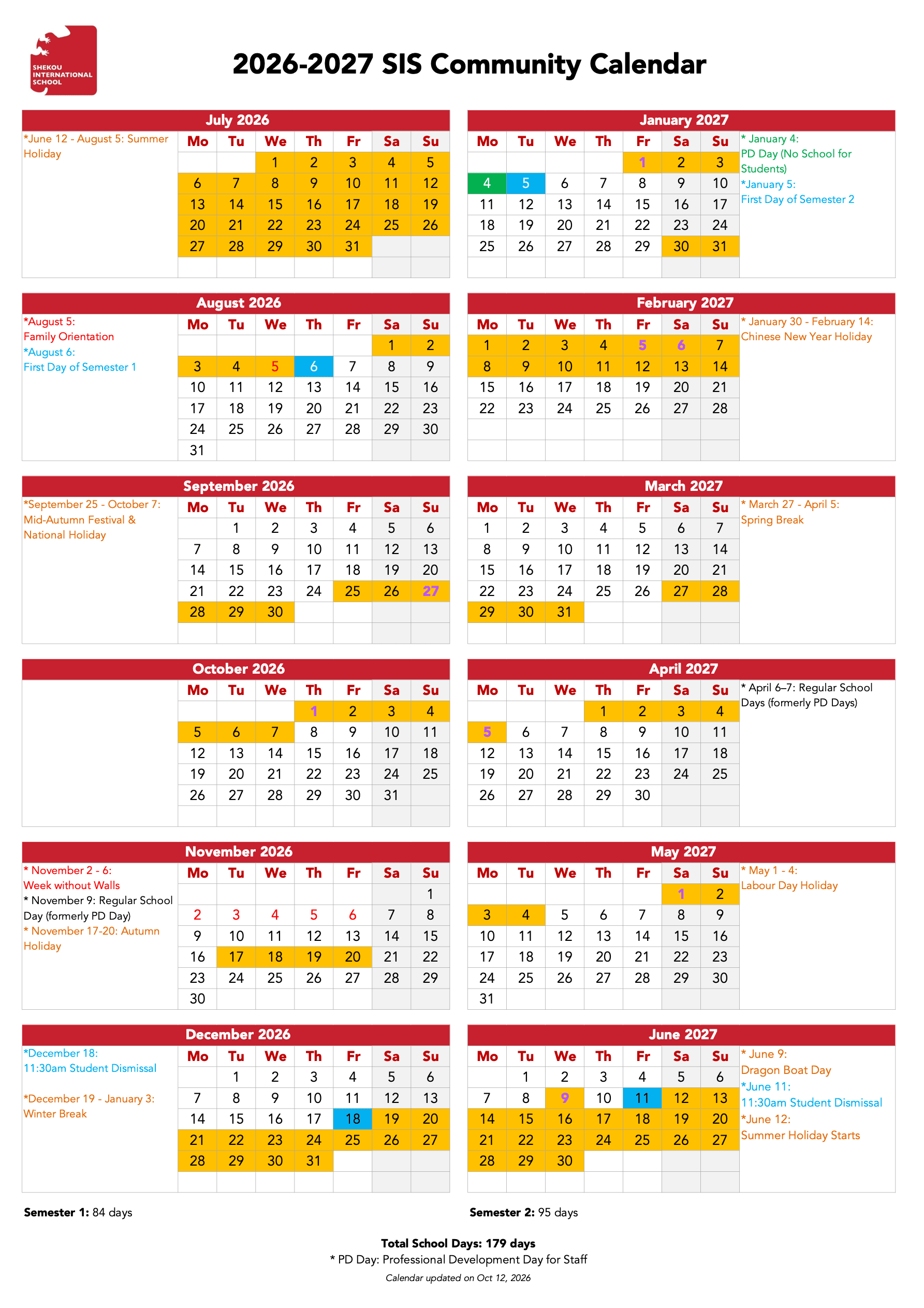 SIS 2026—2027学年校历,10月12日更新